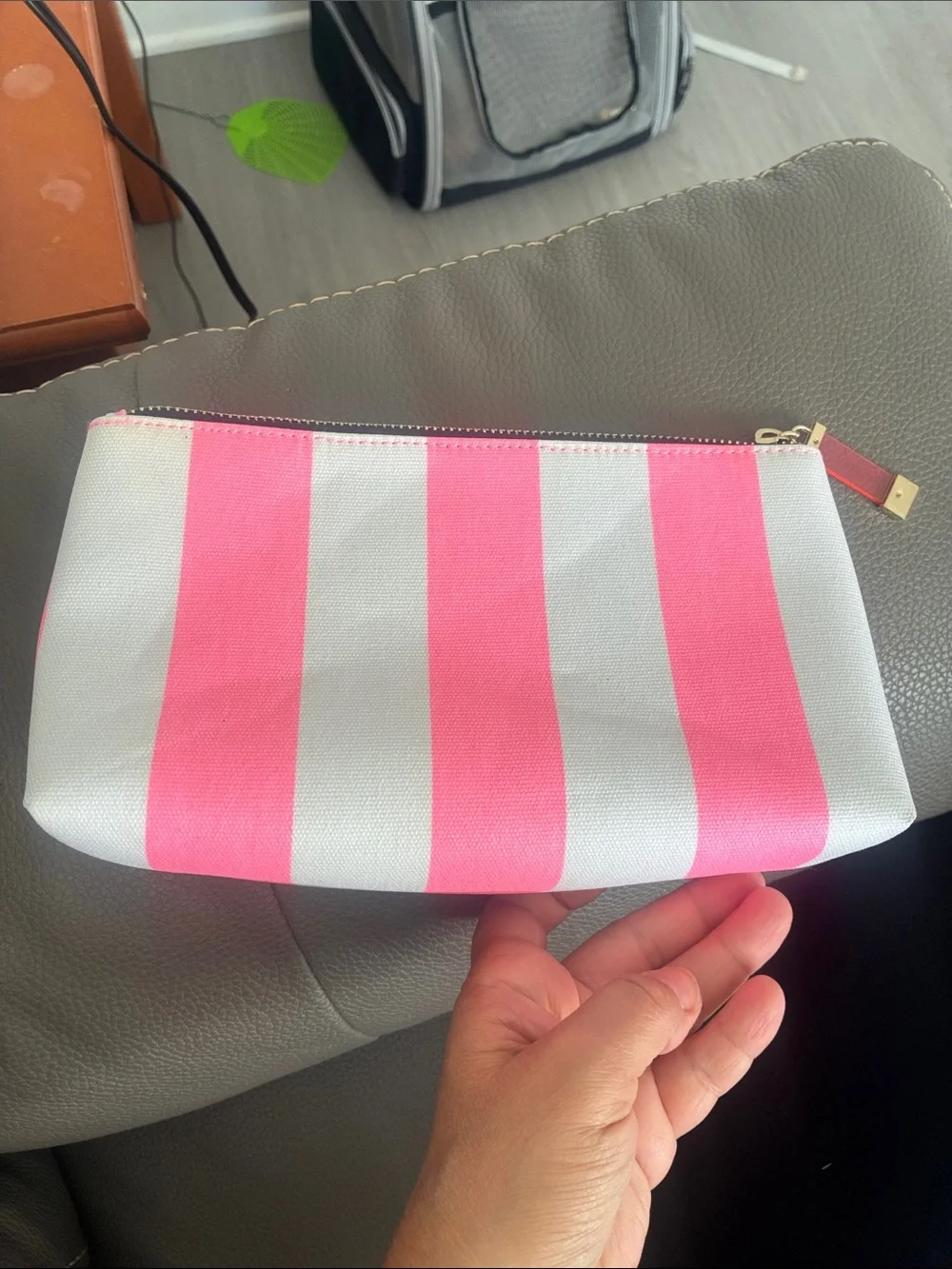 Victoria's Secret Neon Pink and White Signature Stripe Cosmetic Makeup Bag Pouch